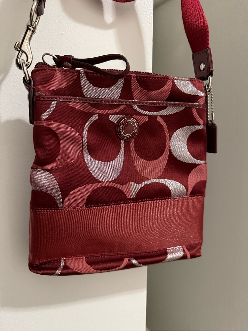 Coach Signature Stripe Burgundy/Silver Lurex Crossbody Bag NWOT